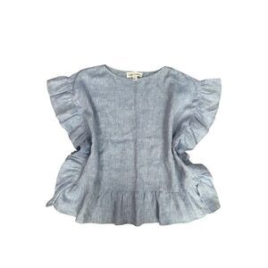 Sara Campbell Kimono Blouse Ruffle Hem Linen Top S Blue Chambray Tunic Lagenlook
